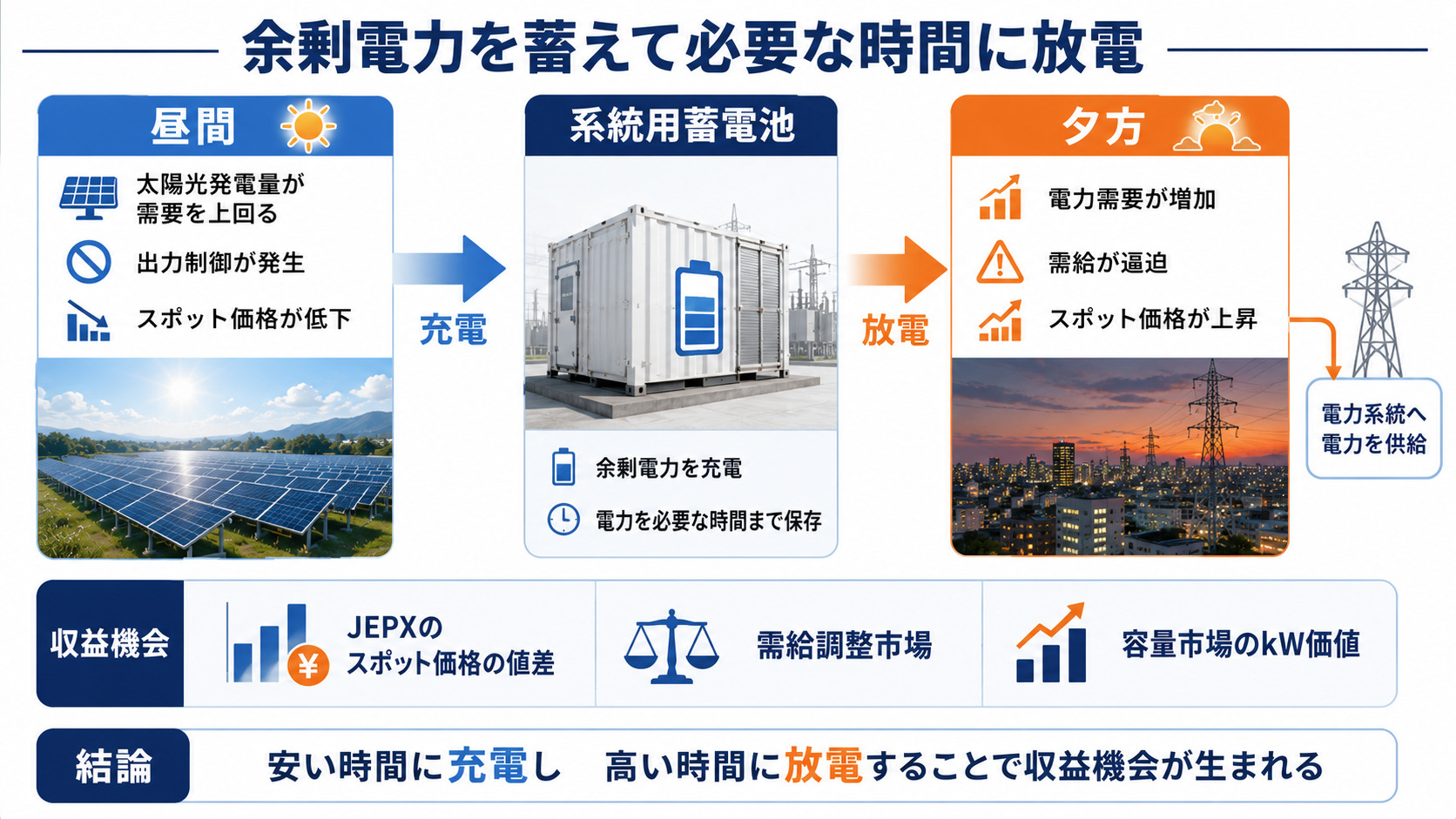 余剰電力を蓄えて夕方に放電する仕組み