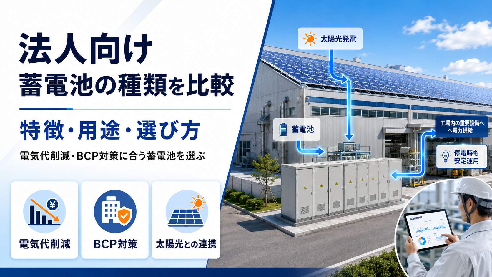 法人向け蓄電池の種類を比較｜特徴・用途・選び方