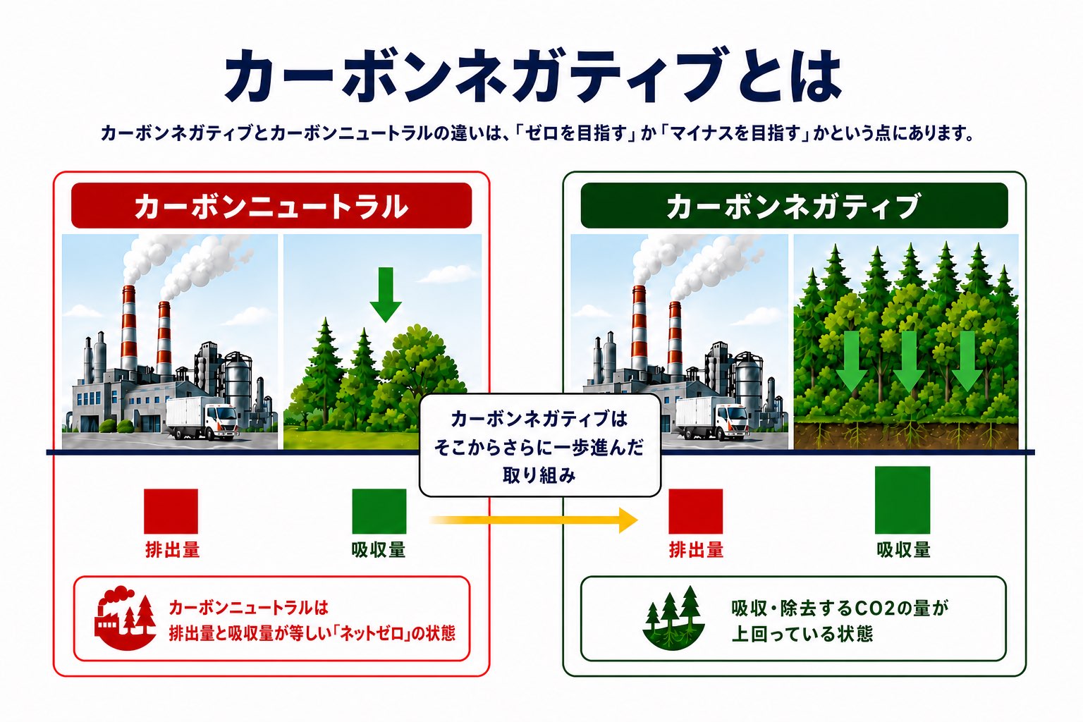 カーボンニュートラルとカーボンネガティブの排出収支の比較