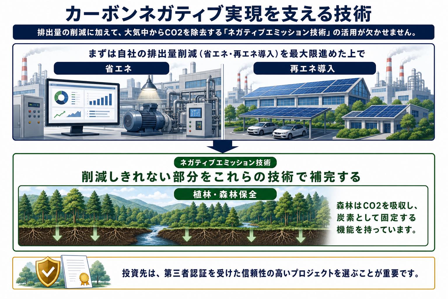 排出削減で残る部分をCO2除去技術で補完する流れ