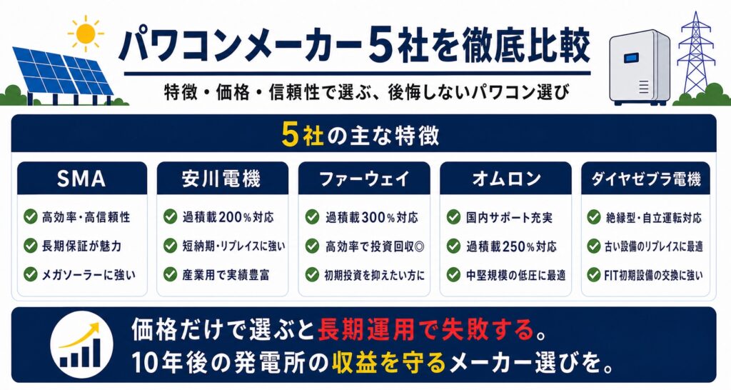 パワコンメーカー5社を特徴・価格・信頼性で比較した図
