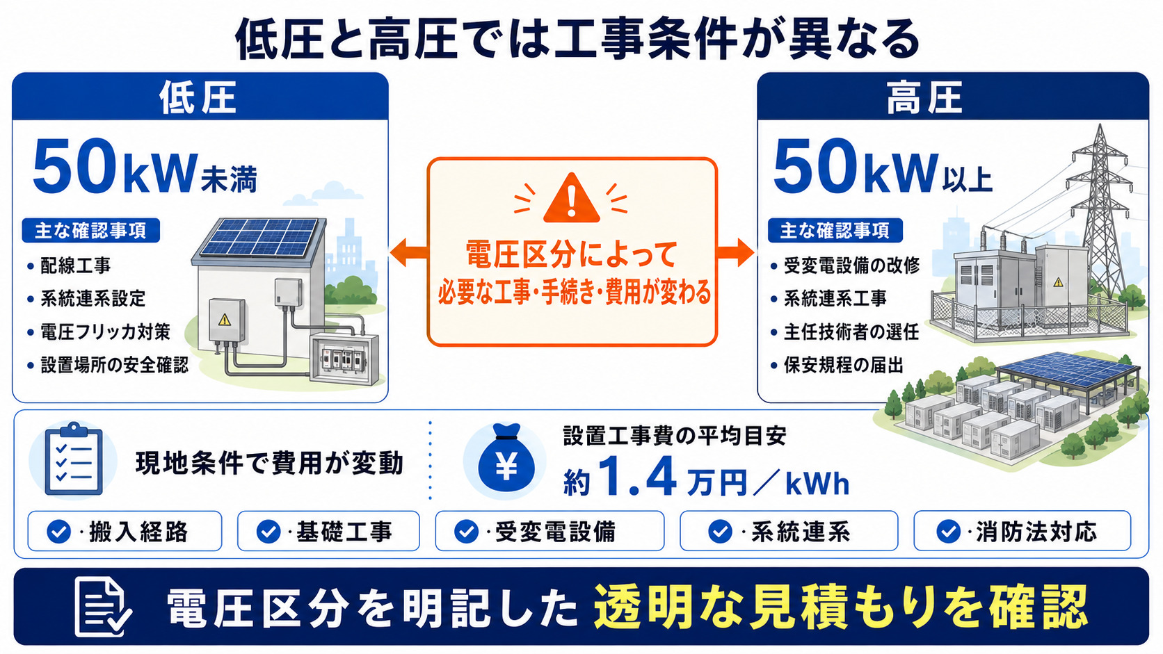 蓄電池の低圧と高圧の工事条件比較