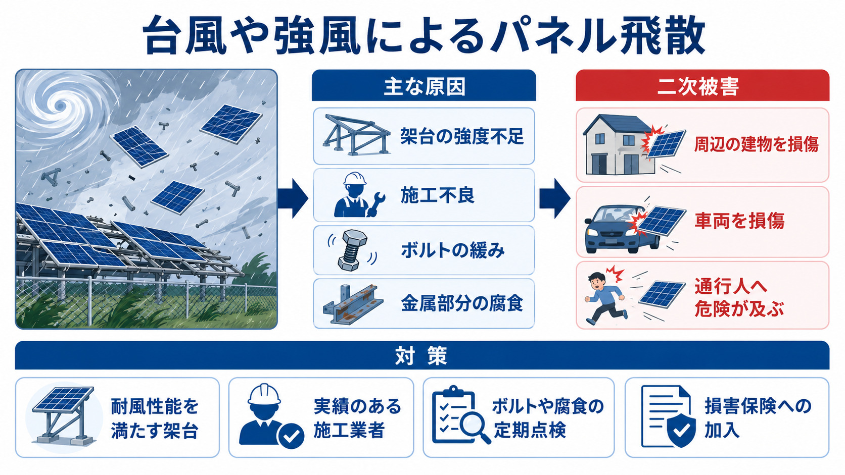 強風によるパネル飛散の原因と対策
