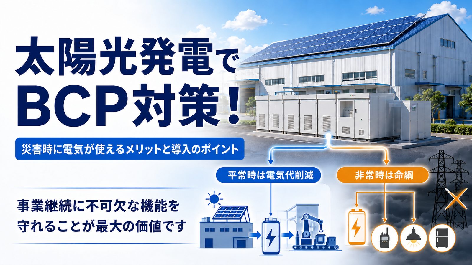 太陽光発電によるBCP対策の要点をまとめた図