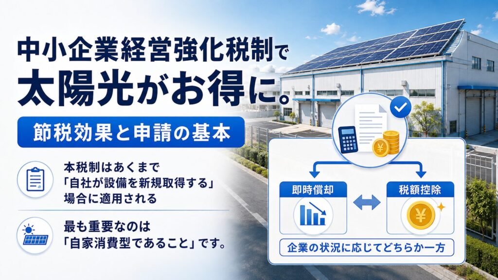 太陽光設備の税制要件と優遇措置をまとめた図