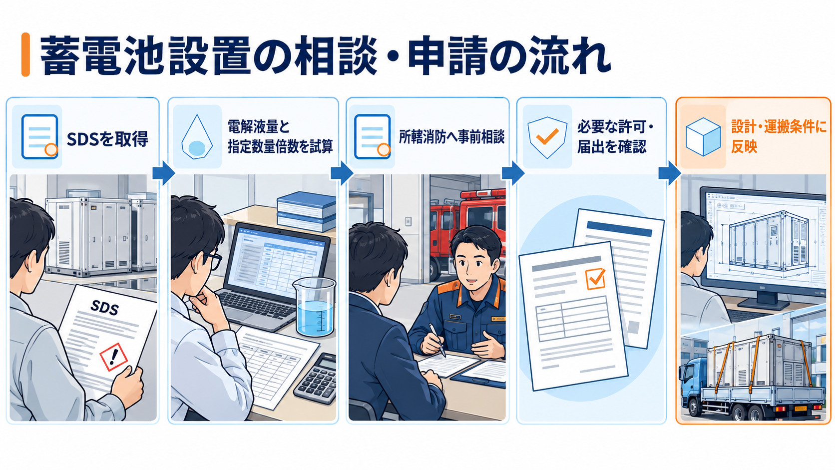 電解液量の試算から消防相談までの流れ