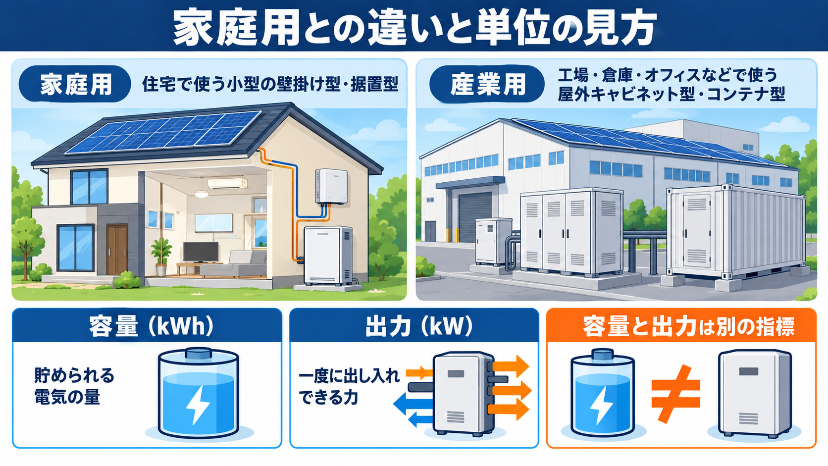 家庭用との違いと容量・出力の見方