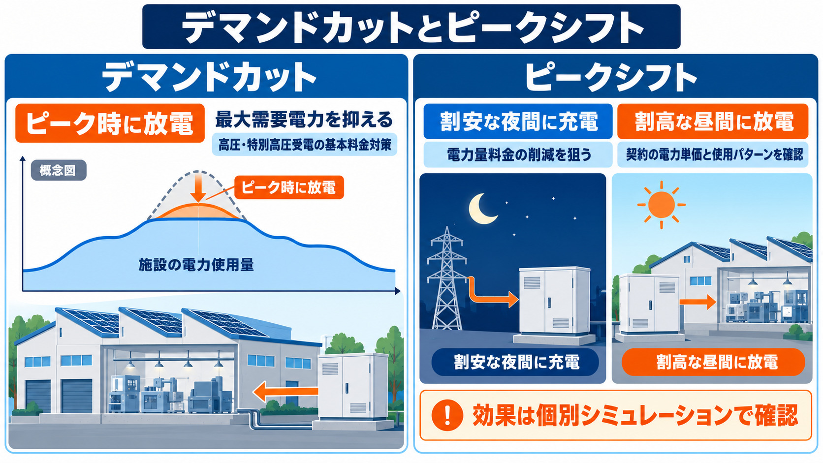 ピーク時の放電と夜間充電の仕組み