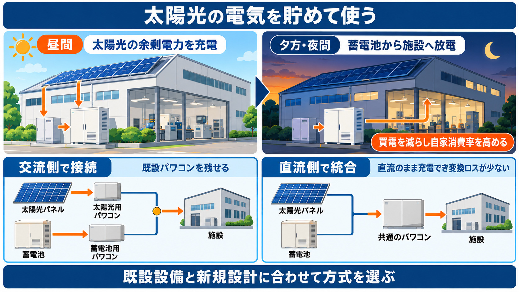 太陽光の余剰充電と接続方式の違い