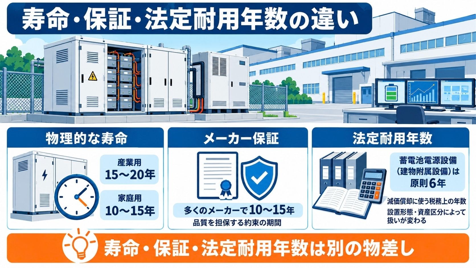 蓄電池の耐用年数と寿命・保証の違いを示した図