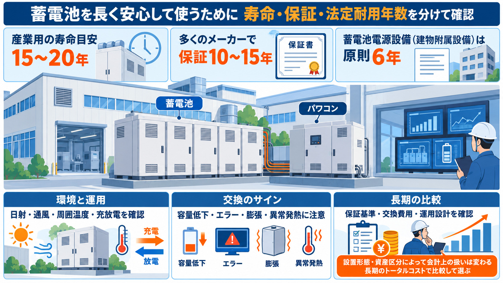 蓄電池の耐用年数と導入判断の要点を示した図