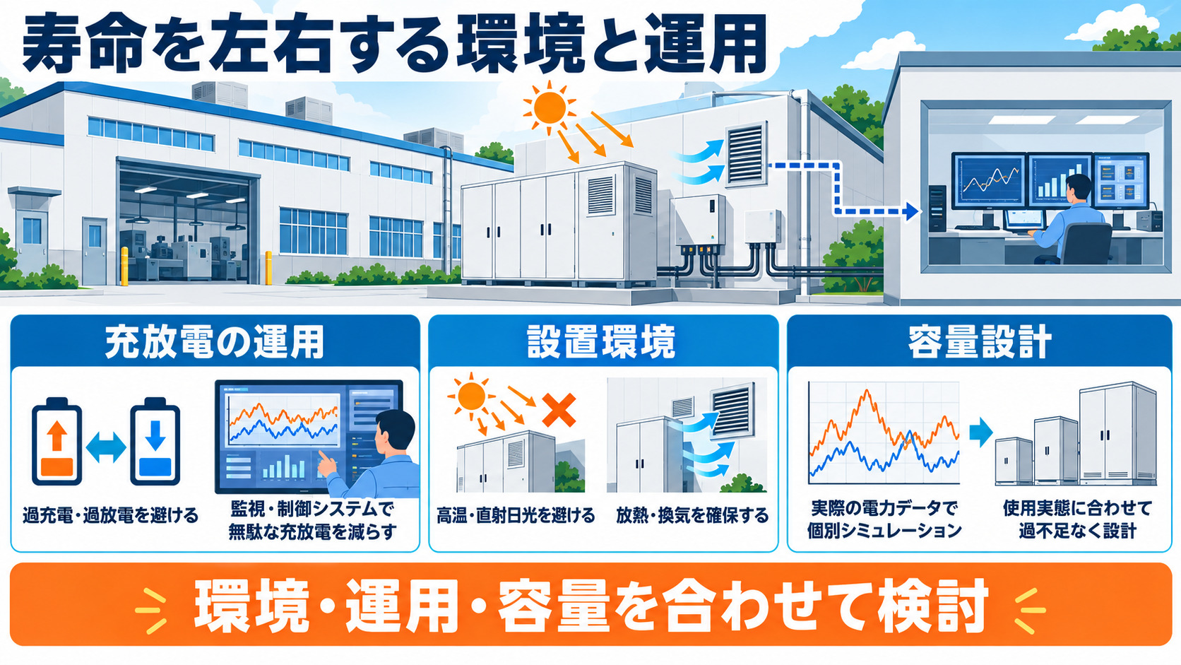 蓄電池の寿命に影響する環境と運用を示した図