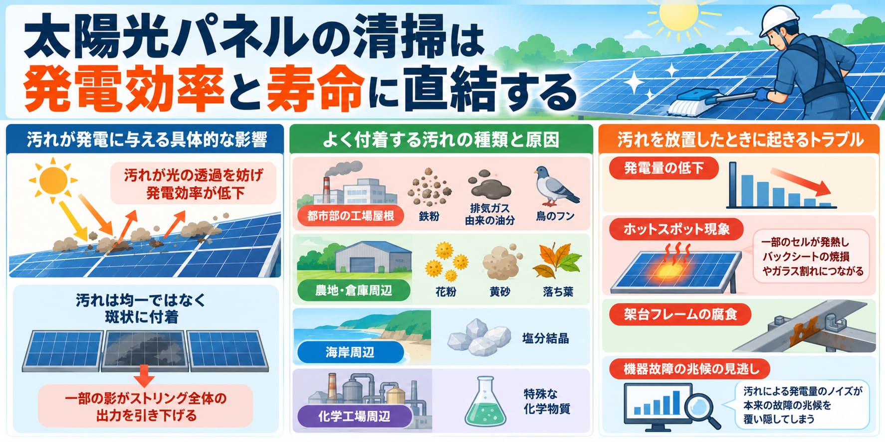 太陽光パネルの清掃は発電効率と寿命に直結