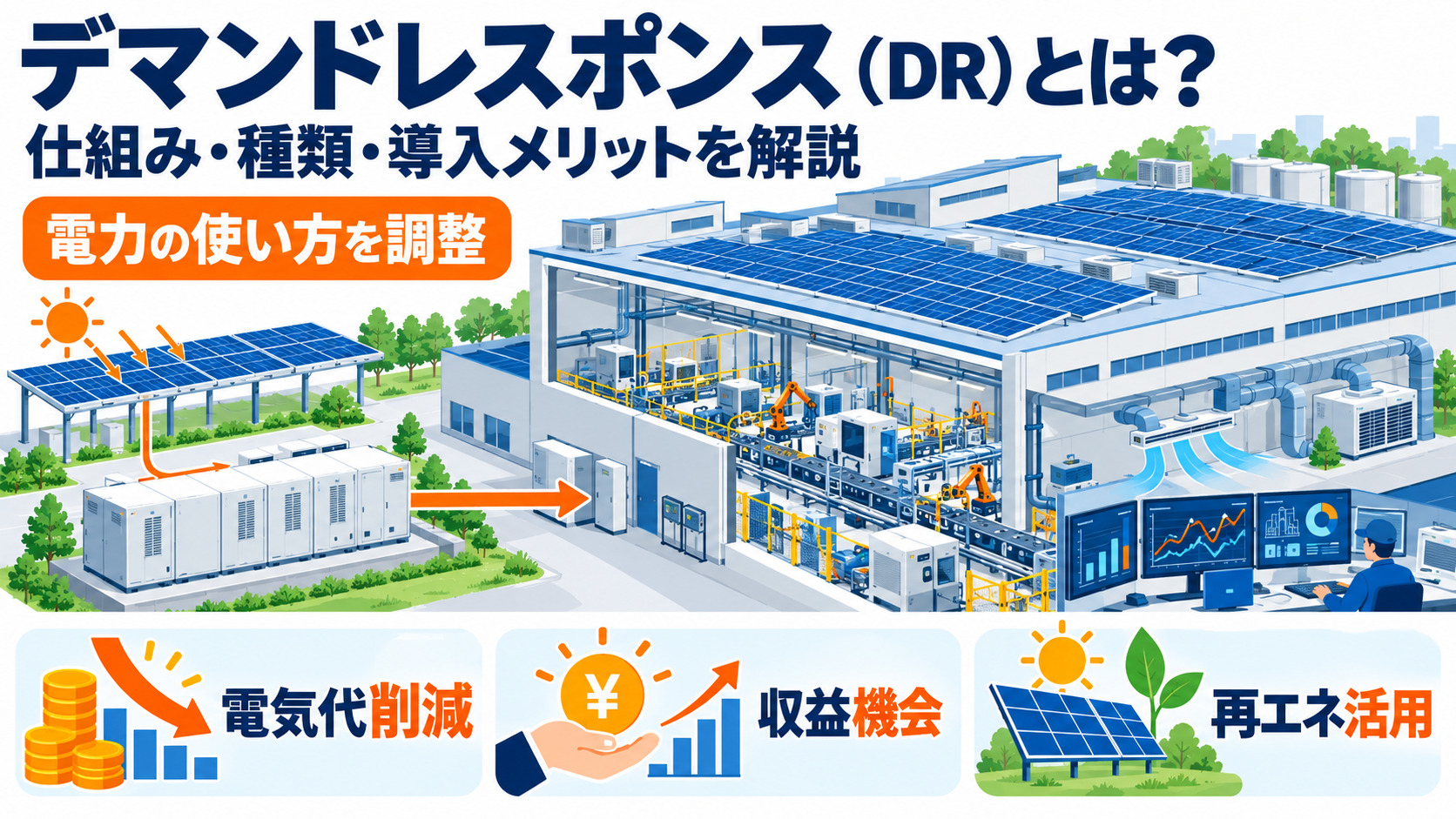 工場と蓄電池を使った電力需要の調整イメージ