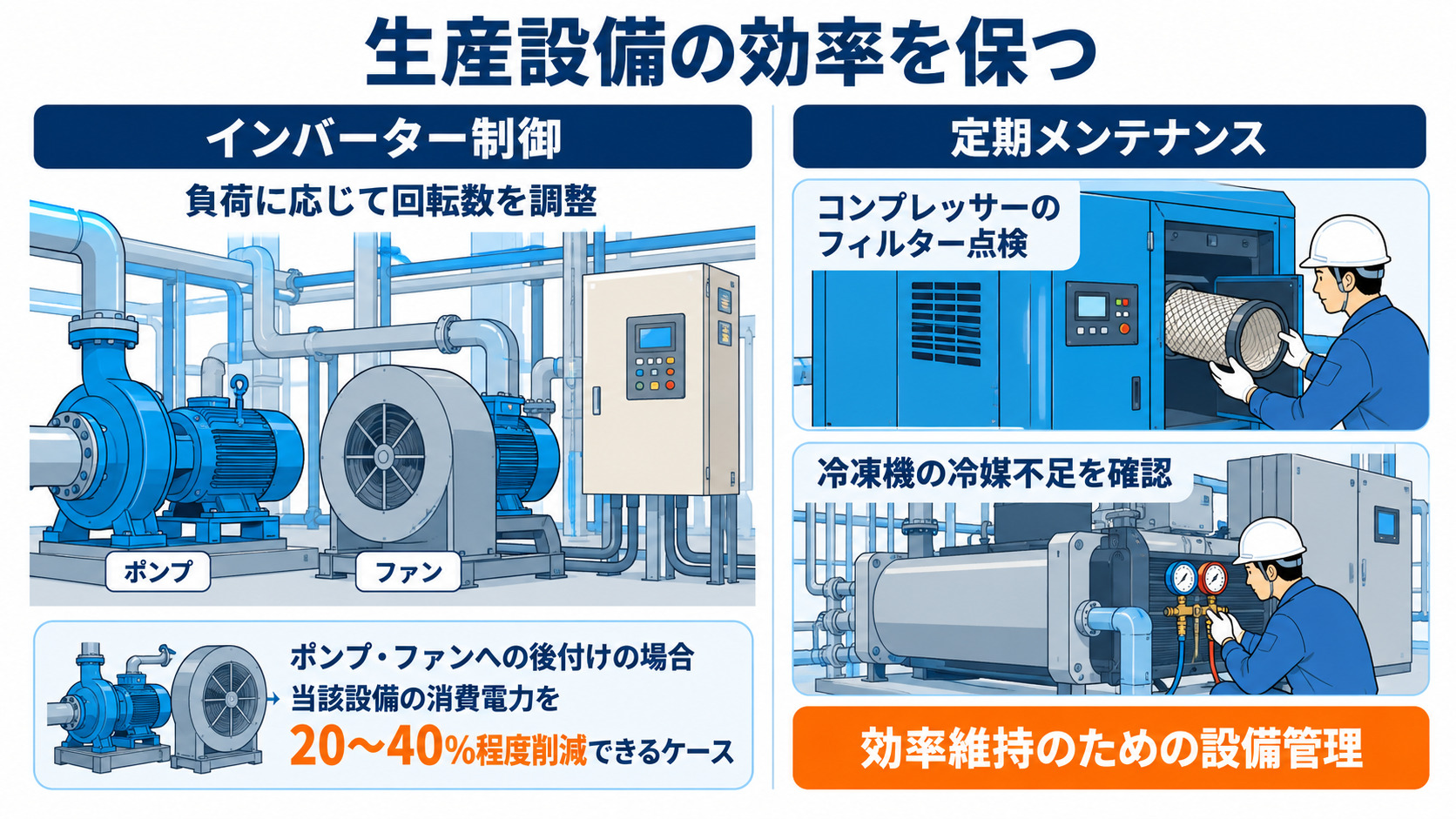 ポンプやファンの制御と設備点検による省エネ
