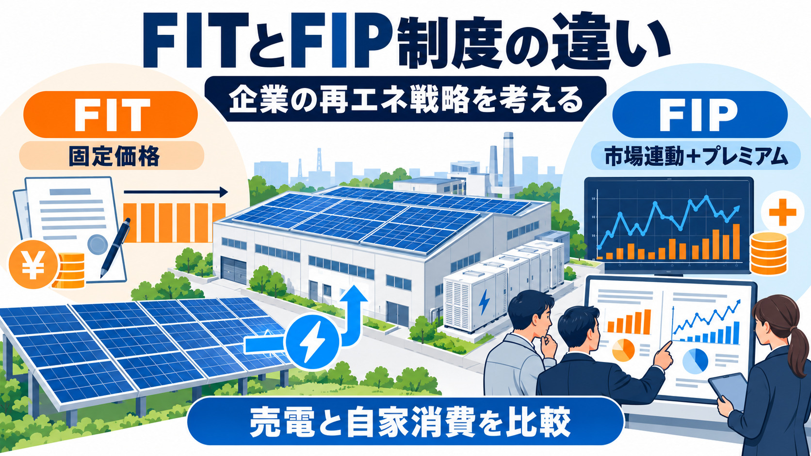 FITとFIPの違いから太陽光発電の売電と自家消費を考える企業向け図解