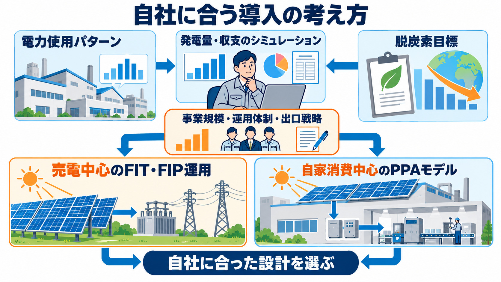 電力使用と脱炭素目標から導入方法を検討する流れ