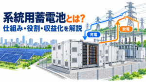 大型蓄電池と電力系統の充放電を示した図