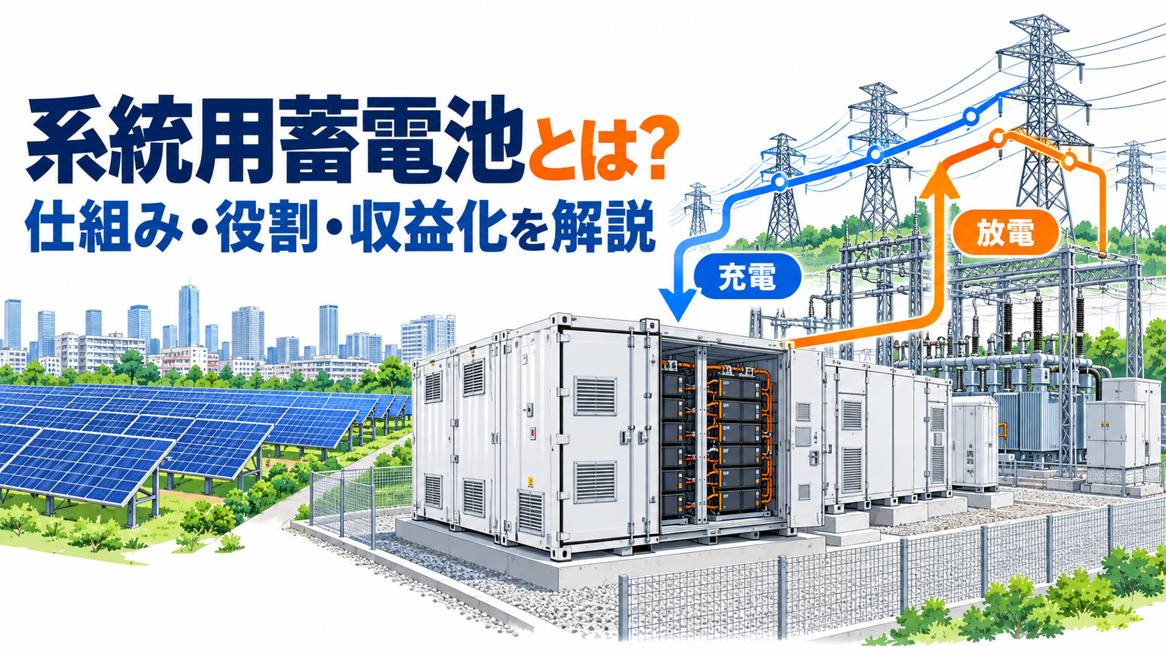 大型蓄電池と電力系統の充放電を示した図