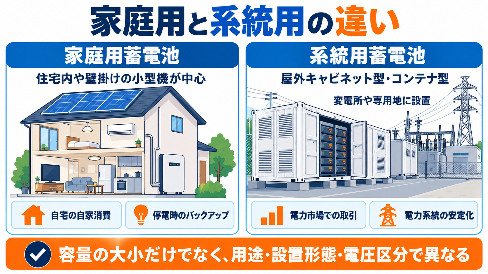 家庭用と大型蓄電設備の用途・設置形態の違い