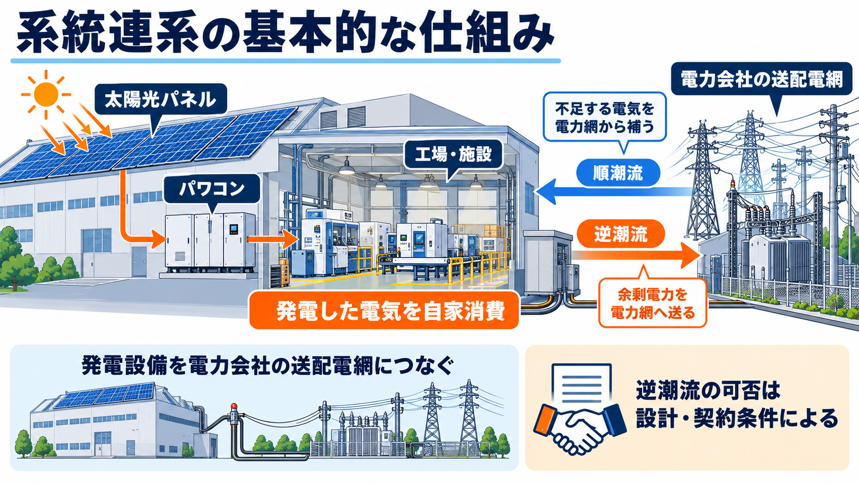 系統連系の仕組みと順潮流・逆潮流を示した図