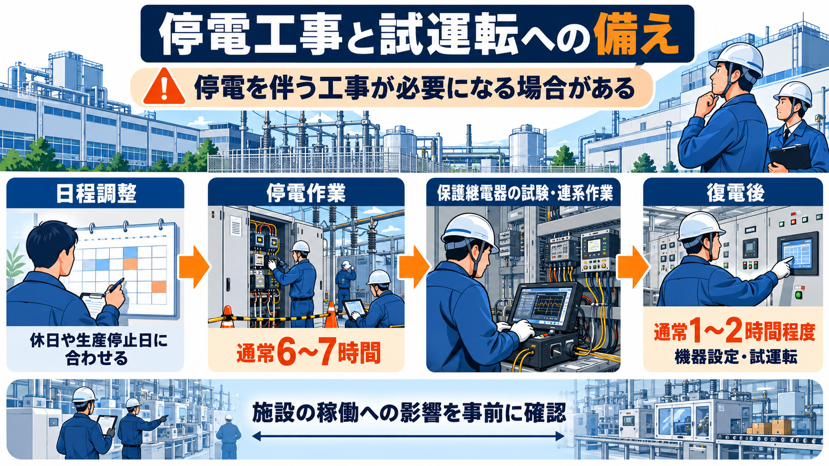 停電工事と復電後の試運転に備える工程