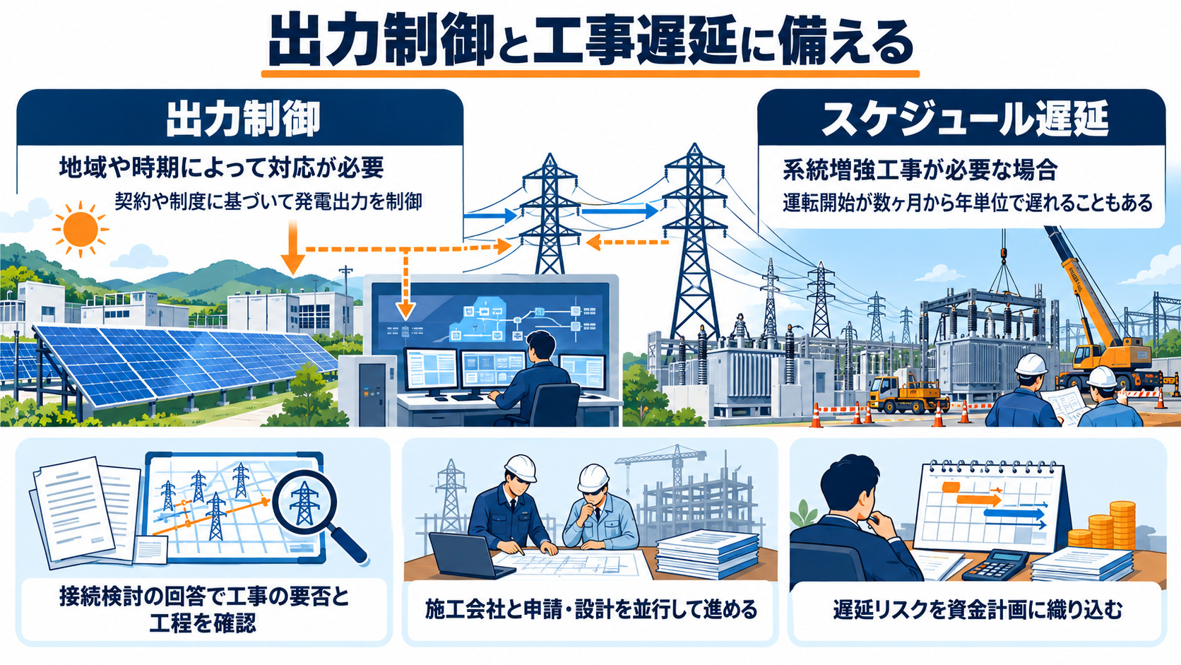 発電出力の制御と工事遅延への備え