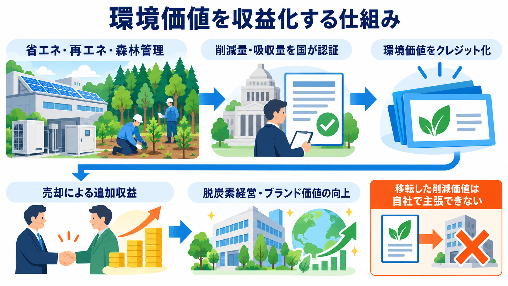 J-クレジットの仕組みとメリットを示す図