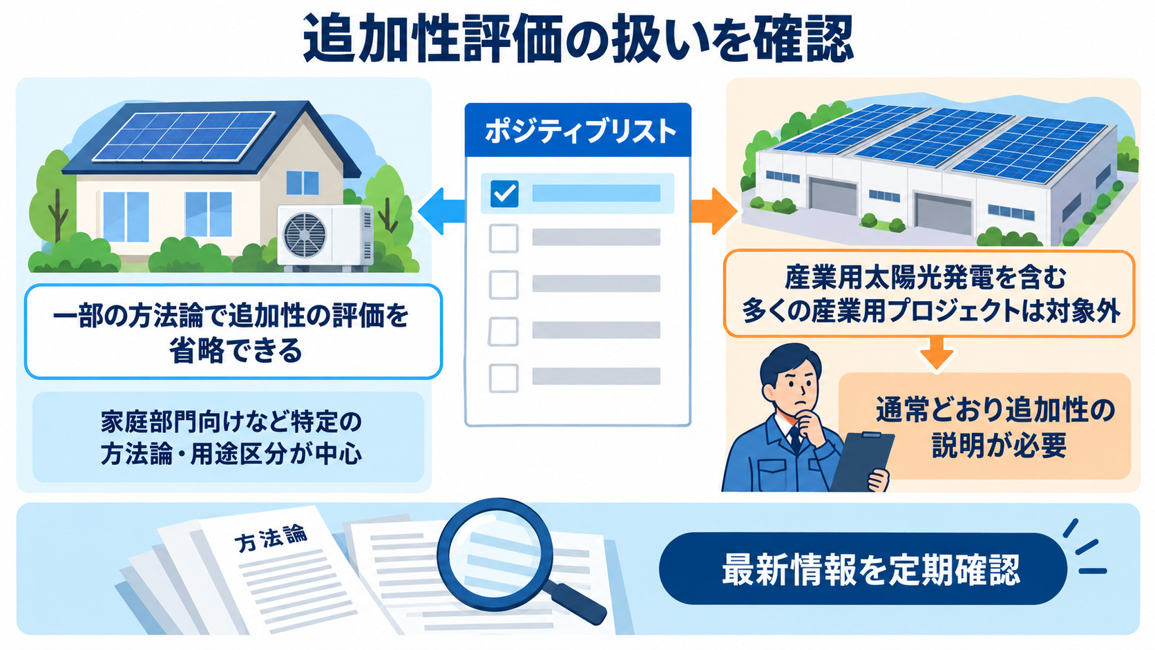 追加性評価の省略対象と産業用の注意点を示す図
