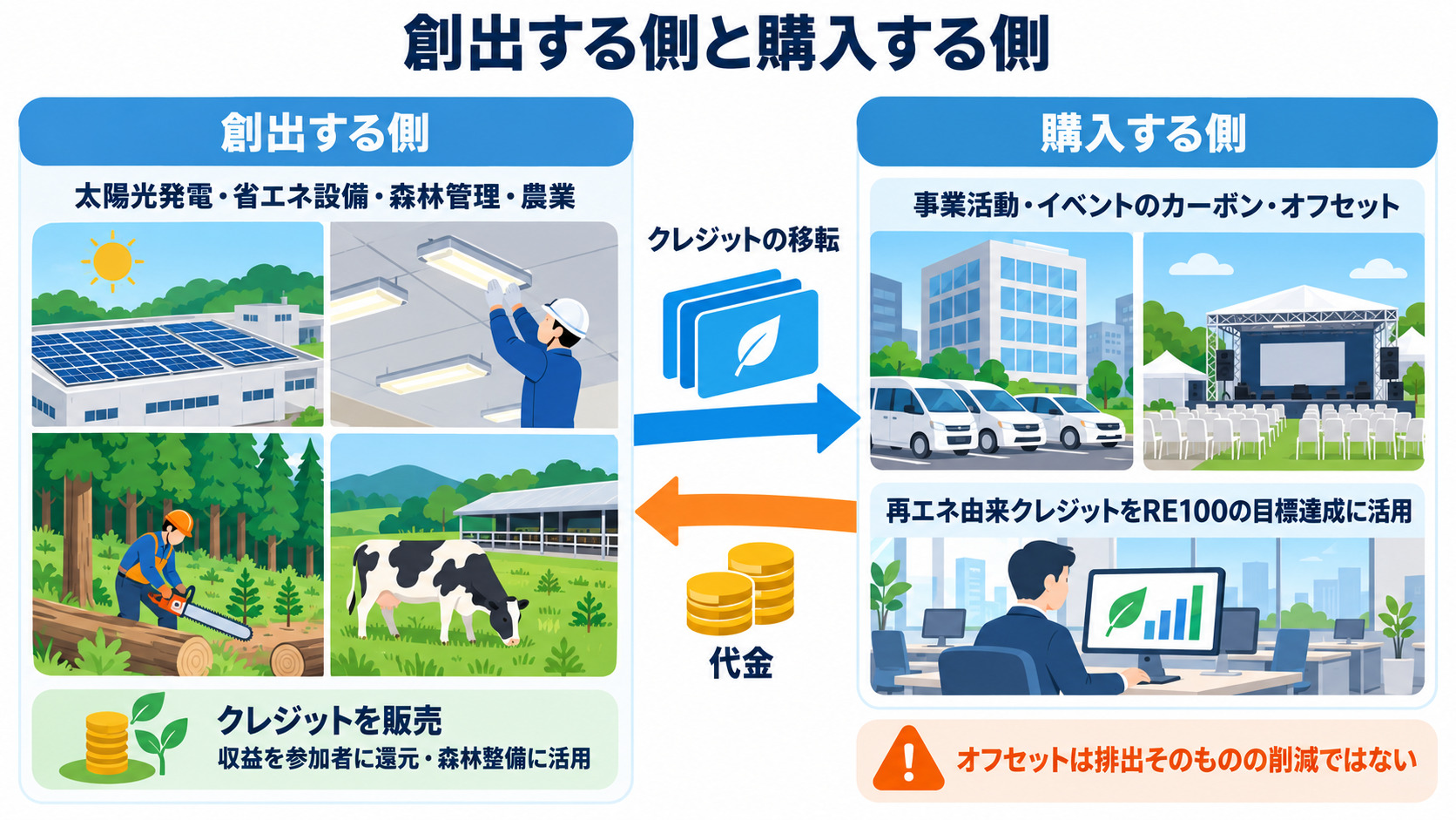 創出側と購入側の環境価値の活用例を示す図