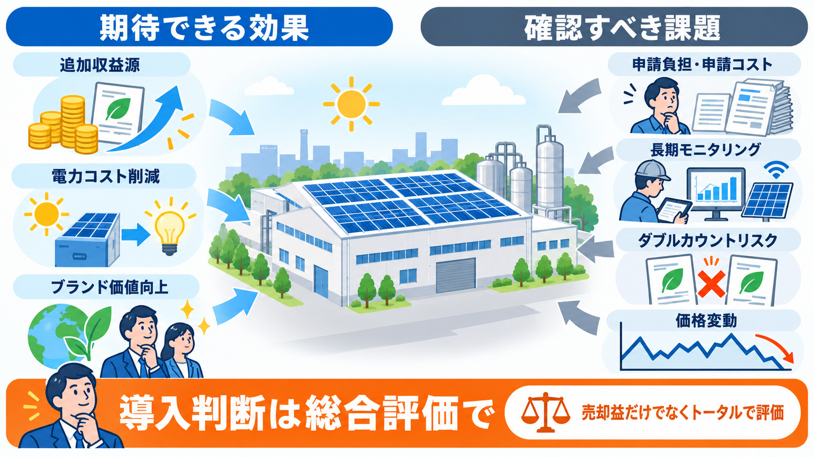 J-クレジットの効果と導入判断の要点を示す図