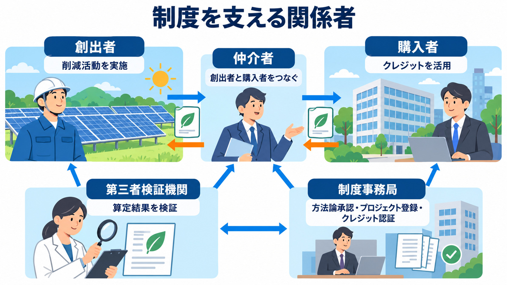 創出者や購入者と制度の関係者の役割を示す図