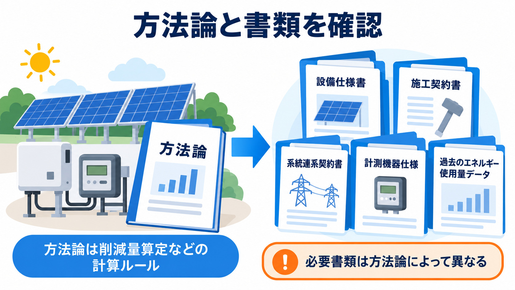 方法論の確認と申請書類の準備を示す図