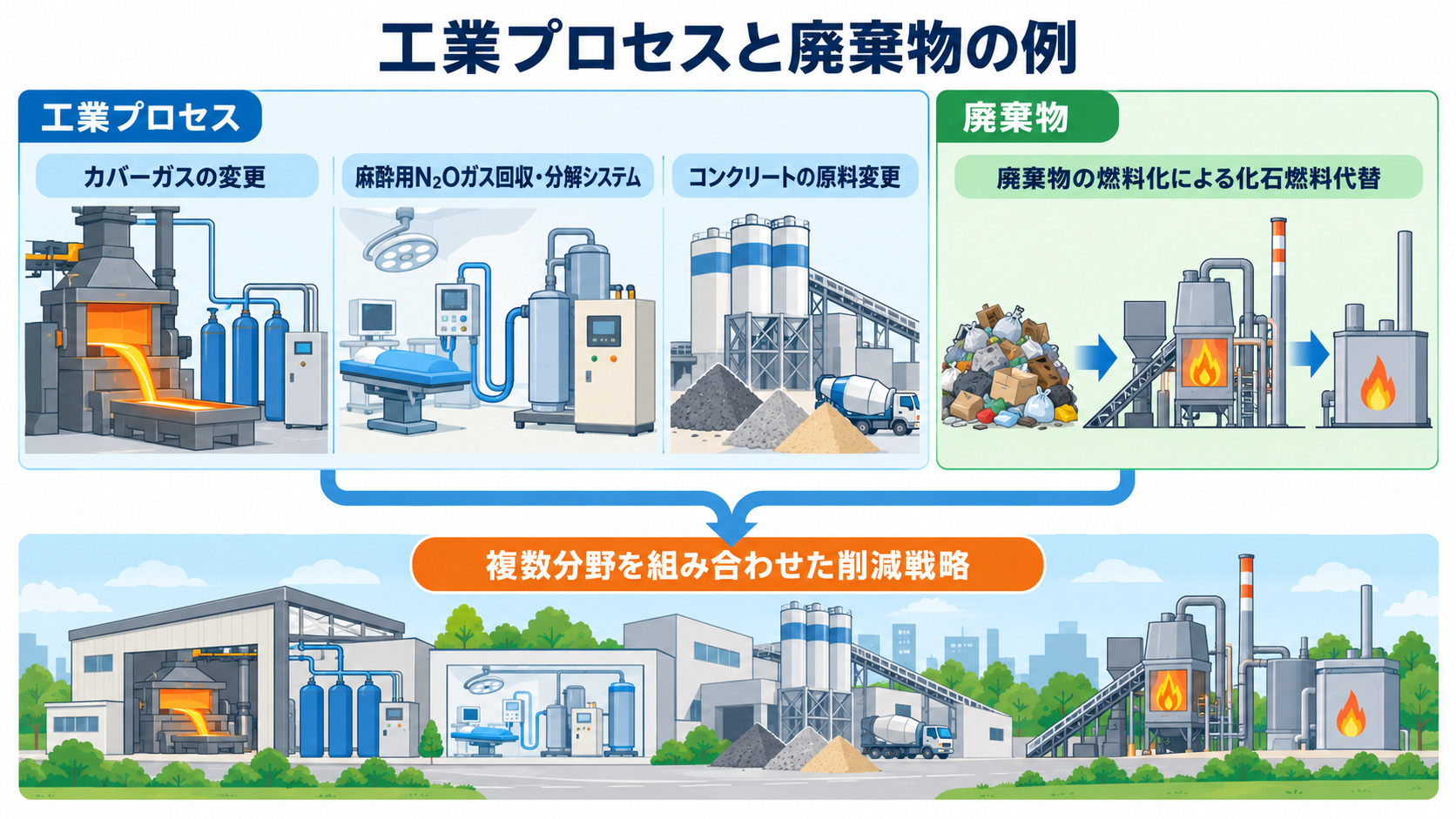 工業プロセス改善と廃棄物の燃料化を示す図