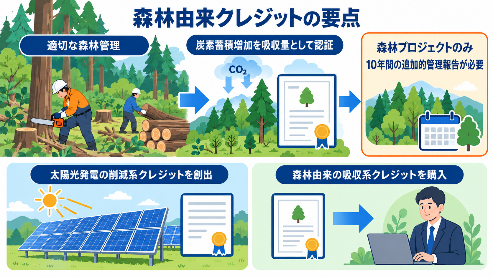 森林の吸収量認証と追加的管理報告を示す図