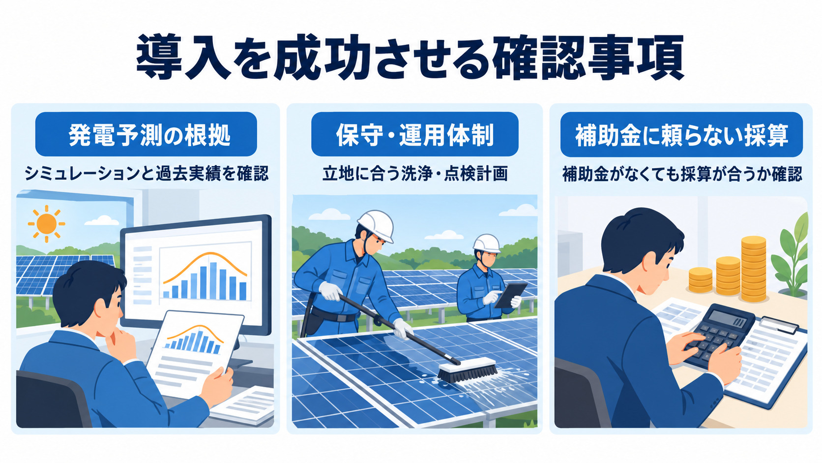 発電予測や保守体制と採算の確認事項を示した図