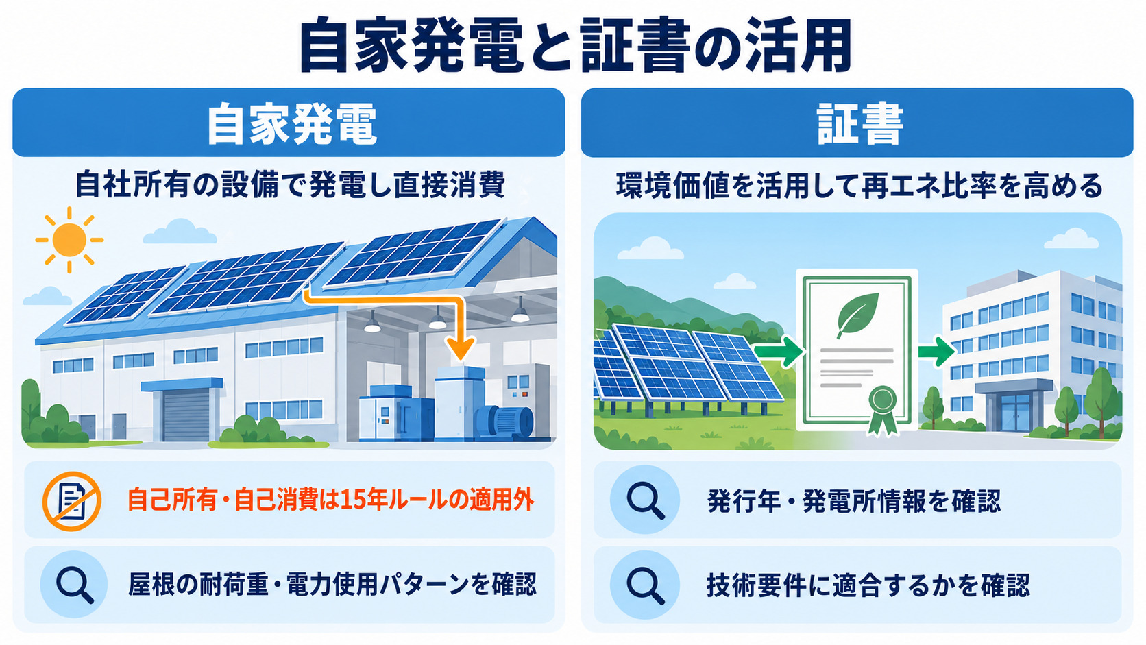 自家発電と証書の仕組みや確認事項を示した図