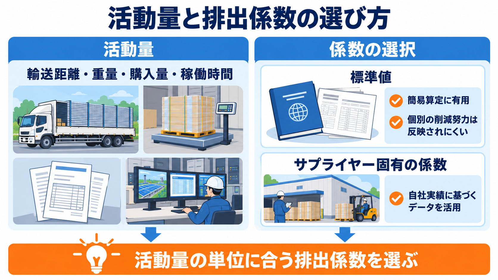 活動量と排出係数の選び方を示す図