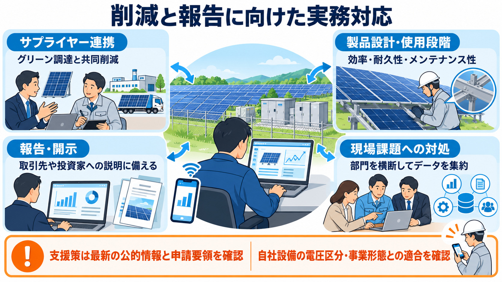排出削減と報告に向けた実務対応を示す図