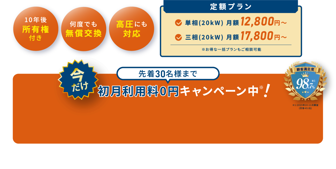 10年後所有権付き 何度でも無償交換 高圧にも対応 今だけ 先着30名様まで初月利用料0円キャンペーン中！