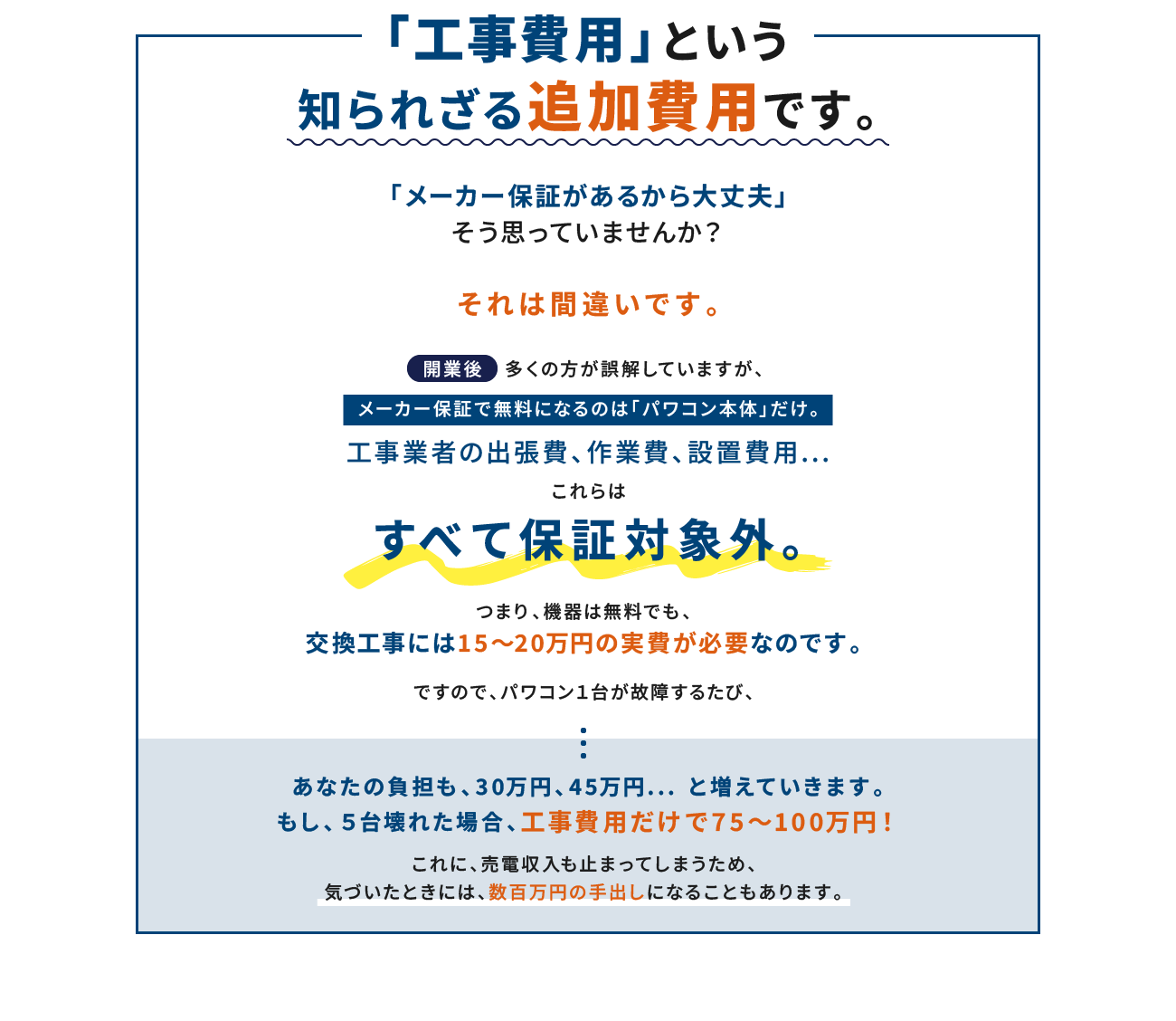 「工事費用」という知られざる追加費用です。メーカー保証で無料になるのは「パワコン本体」だけ。工事業者の出張費、作業費、設置費用...これらはすべて保証対象外。